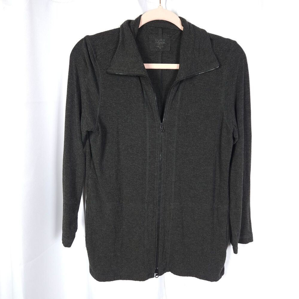 Eileen Fisher Womens Small Petite Gray Grey Full Zip Viscose‎ Mock Neck Sweater